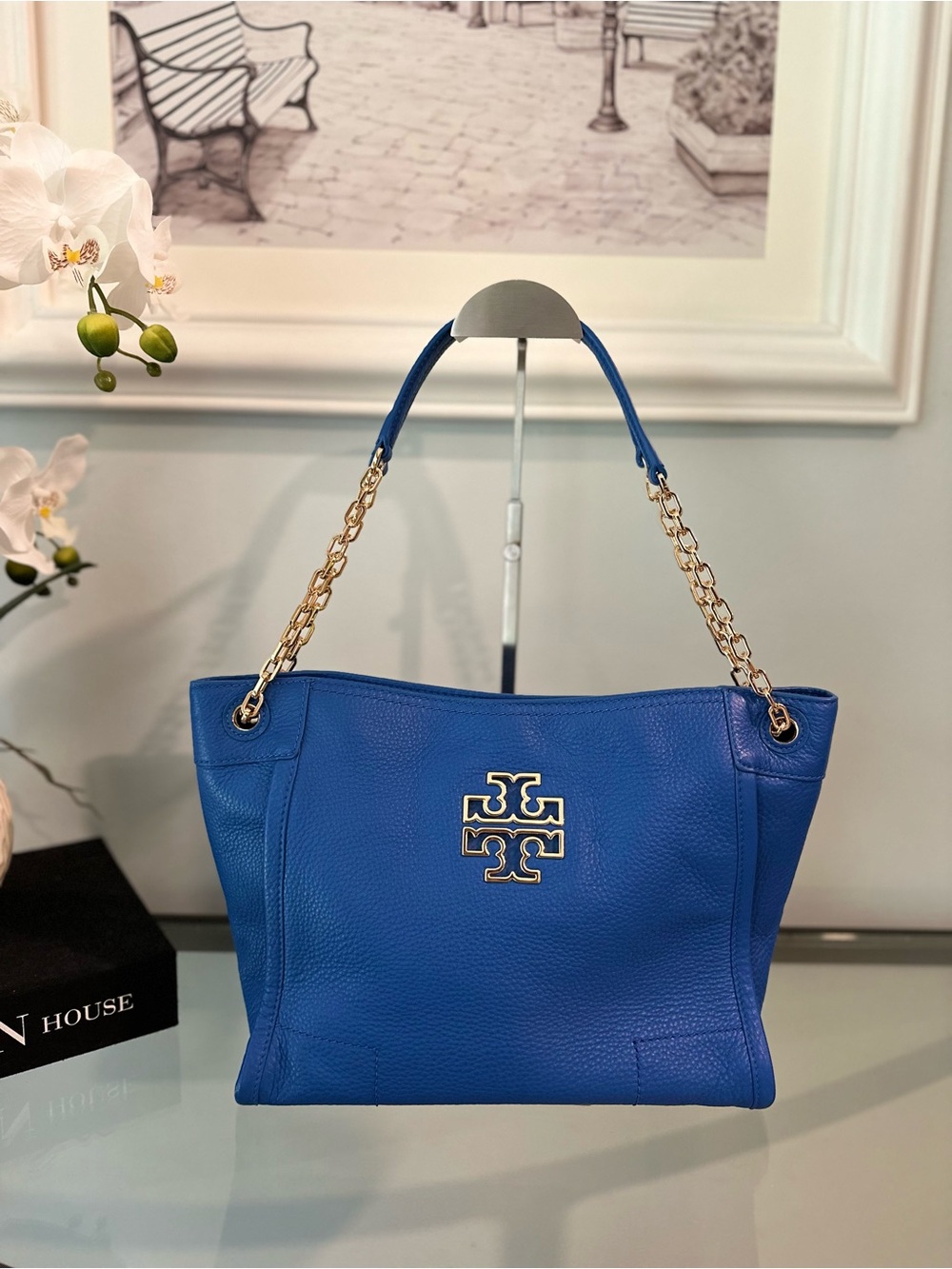 Tory Burch Britten Small Slouchy Tote Leather Chain Shoulder Bag EUC